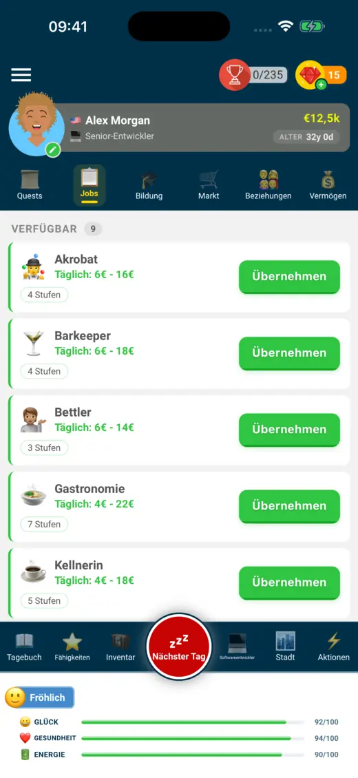 Die Jobliste in Life Simulator: Akrobat, Barkeeper, Bettler, Küche und Kellner, jeweils mit Tageslohn.
