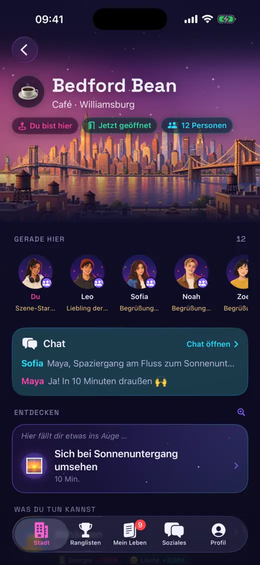 Online-Leben: ein Café in der Stadt mit den echten Spielern, die gerade dort sind.