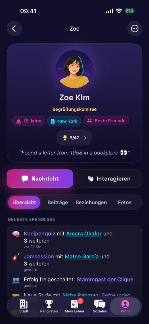 Ein Spielerprofil im Online-Leben mit den letzten Ereignissen und Freunden.