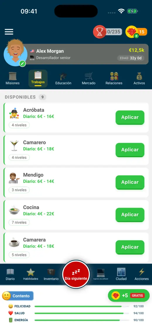 Lista de trabajos de Life Simulator: acróbata, bartender, mendigo, cocina y camarero, cada uno con su paga diaria.