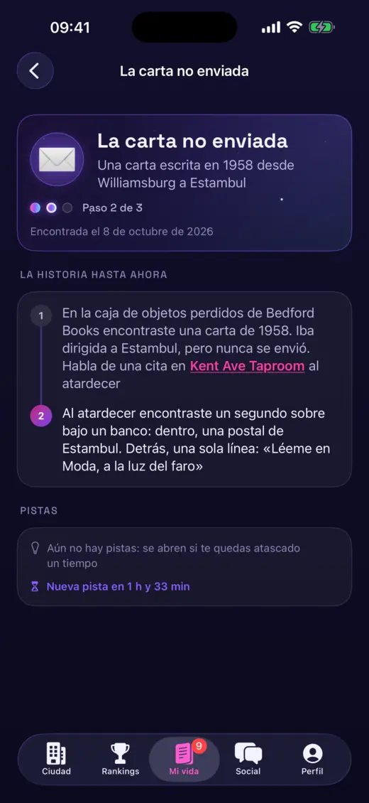 Una aventura oculta en Vida Online, con pistas encontradas por la ciudad.
