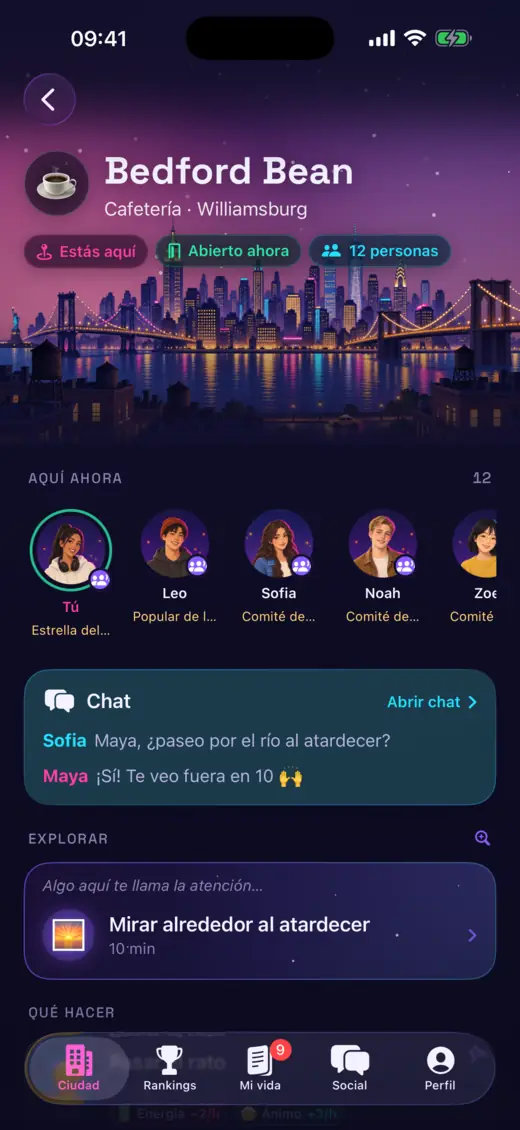 Vida Online: una cafetería de la ciudad con los jugadores reales que están allí ahora mismo.