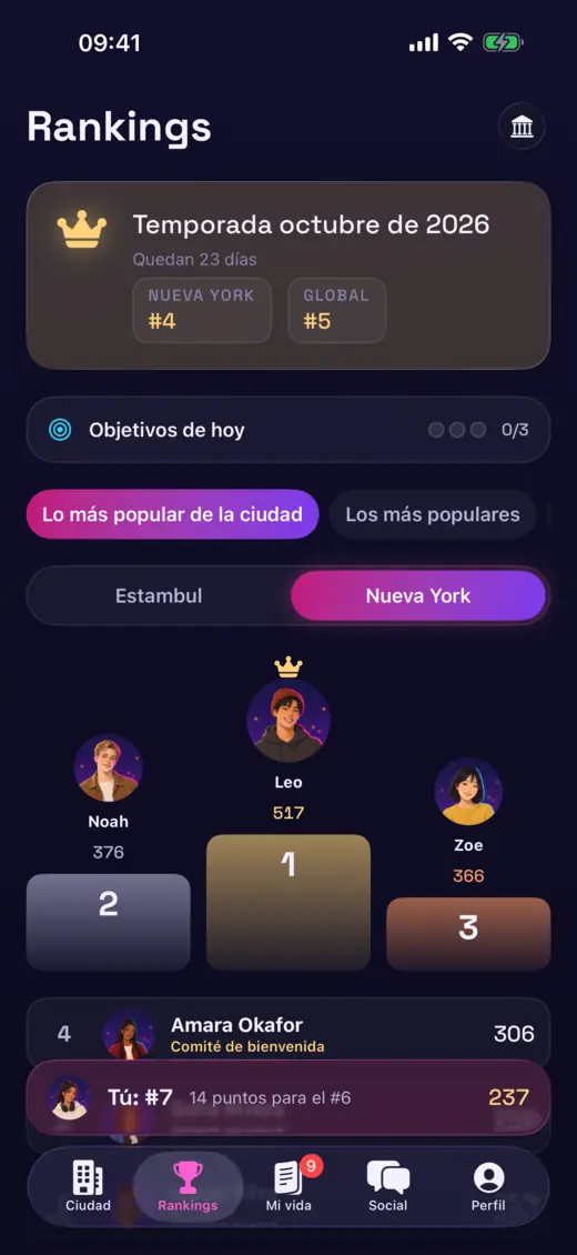 La clasificación mensual de la ciudad en Vida Online, con un podio de jugadores reales.