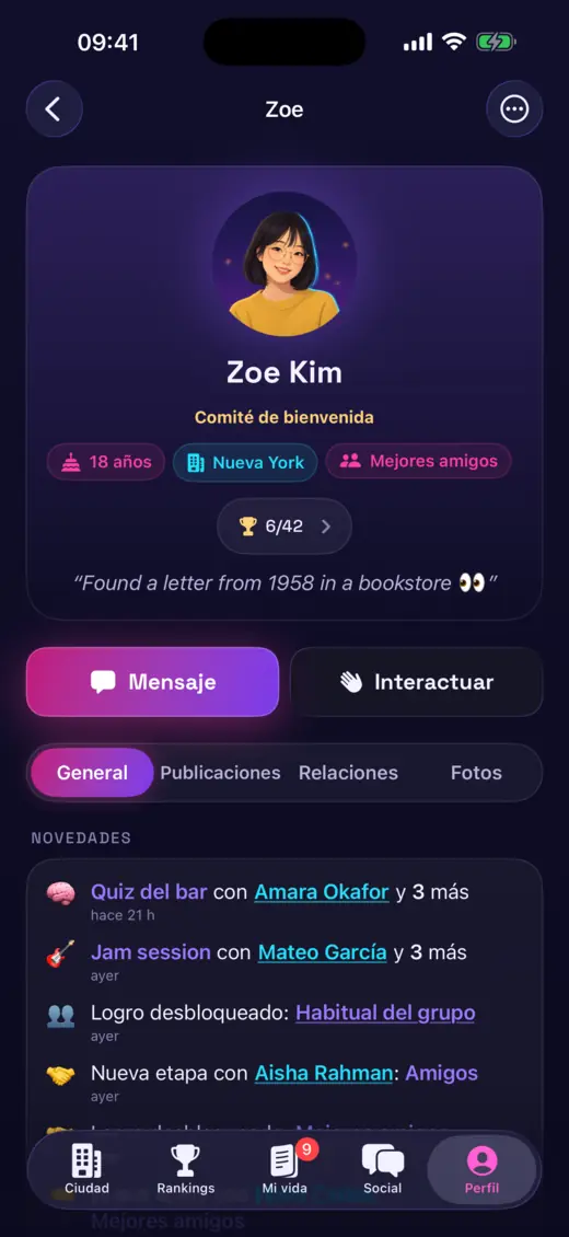 Un perfil de jugador en Vida Online con sus últimos sucesos y amigos.