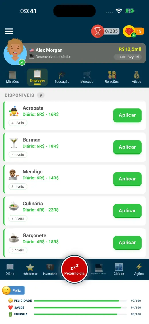 Lista de empregos do Life Simulator: acrobata, bartender, mendigo, cozinha e garçom, cada um com o seu pagamento diário.