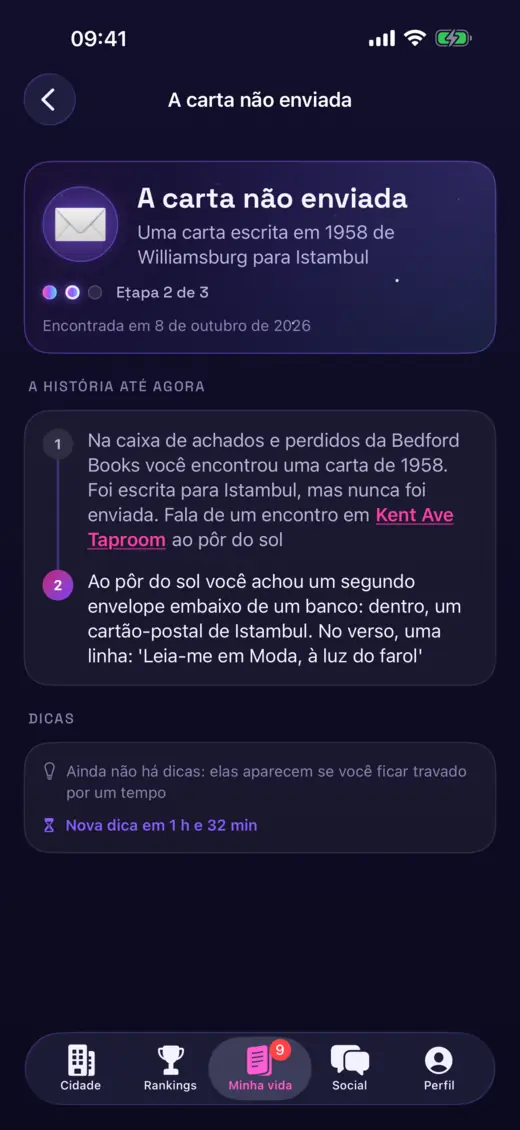 Uma aventura escondida na Vida Online, com pistas encontradas pela cidade.