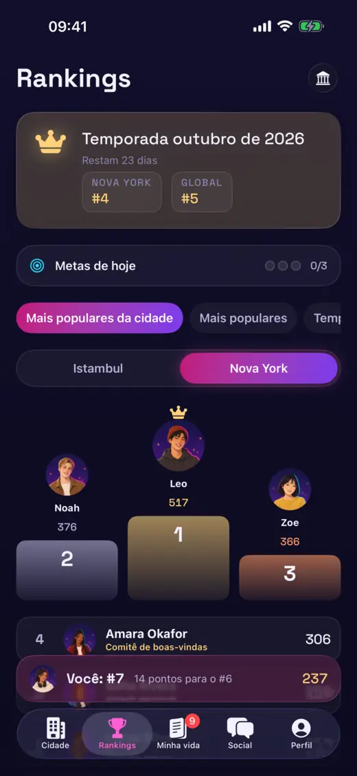 O ranking mensal da cidade na Vida Online, com um pódio de jogadores reais.
