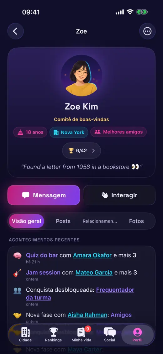 Um perfil de jogador na Vida Online com acontecimentos recentes e amigos.