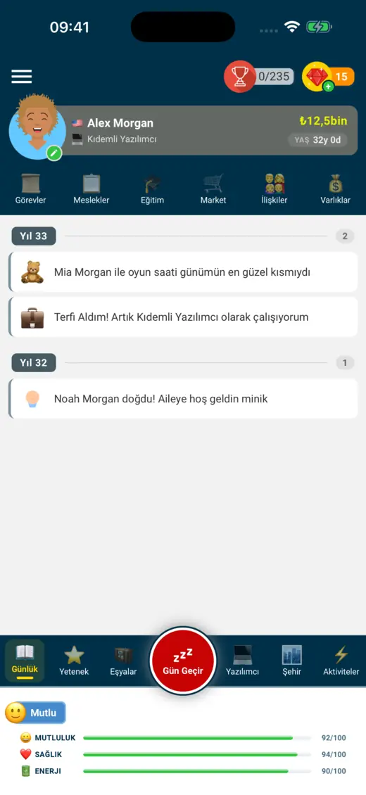 Life Simulator’da klasik bir hayat: kıdemli yazılımcının günlüğü ve yeni doğan bir bebek.