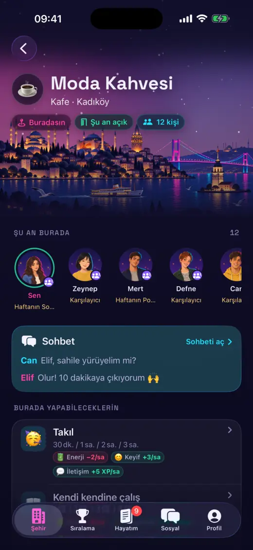 Online Hayat: şehirde bir kafe ve şu an orada olan gerçek oyuncular.