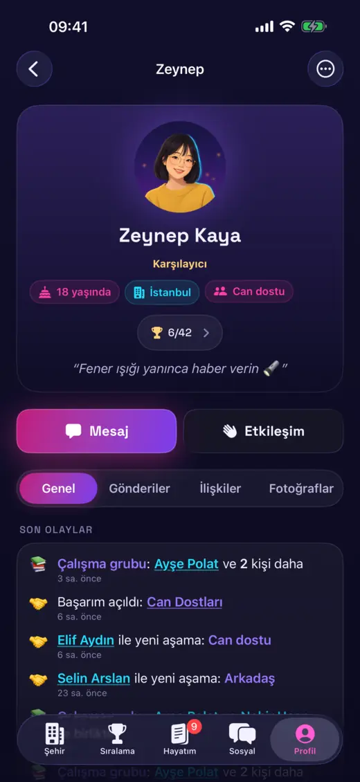 Online Hayat’ta son olaylar ve arkadaşlarla bir oyuncu profili.